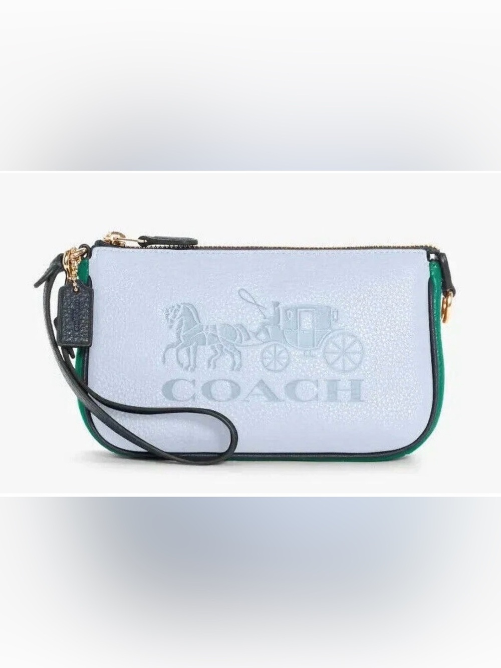 Coach Embossed Horse & Carriage Wristlet - Pale Blue‎ with navy Strap